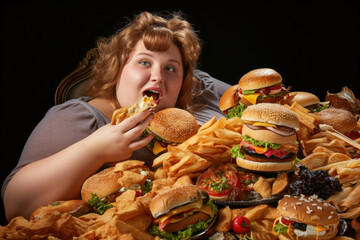 An extreme obese woman eating junk fast food and living a sedentary life with bad health habits Generative AI Illustration - obrazy, fototapety, plakaty
