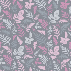 Seamless floral pattern with gray and pink leaves isolated on gray background. 
