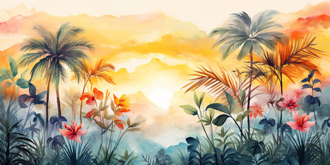 Fototapeta na wymiar Lush tropical plants and graceful palm trees ocean landscape. Soothing palette of delicate pastel hues painted in watercolour. Generative AI illustration