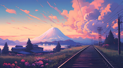 Sunset at Mt. Fuji, Japan, mountain, nature, landscape. railway, house, art, lifestyle, sky, clouds, flowers, grass, green, pink, blue, lake, snow, Ai generate. - obrazy, fototapety, plakaty