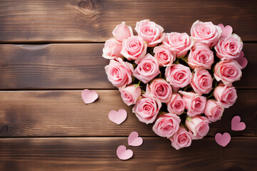 rose flowers and heart on the wooden background simple, AI generation