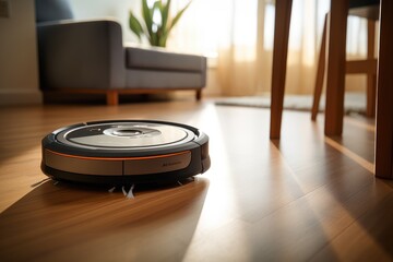 Fototapeta na wymiar Robot Vacuum Cleaning in the House with Space for Typo