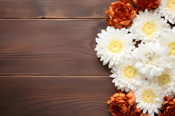 chrysanthemum flowers and heart on the wooden background simple, AI generation