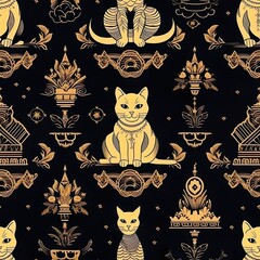 cats seamless pattern in style of traditional Thai