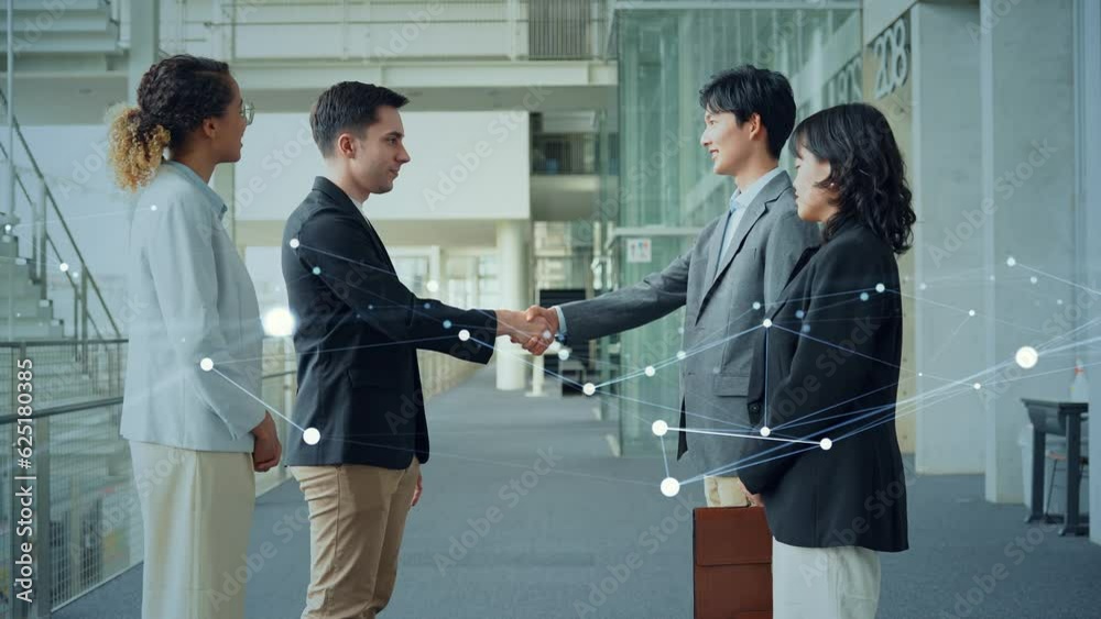 Poster Network with multinational people shaking hands in the lobby. Communication network concept.