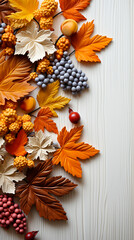 Fototapeta premium Autumn leaves on a white wooden background. Generative AI.