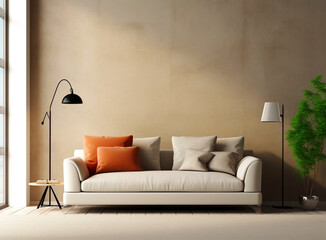Interior design of living room with copy space, sofa, leaf in vase, elegant accessories. Template. AI Generated