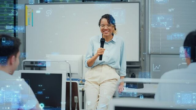 Black woman giving a lecture and digital data.