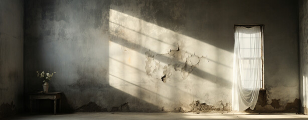 Thin white curtains hung on the old vintage cement wall, the old wall has a lot of light from the beautiful window. Generative AI.