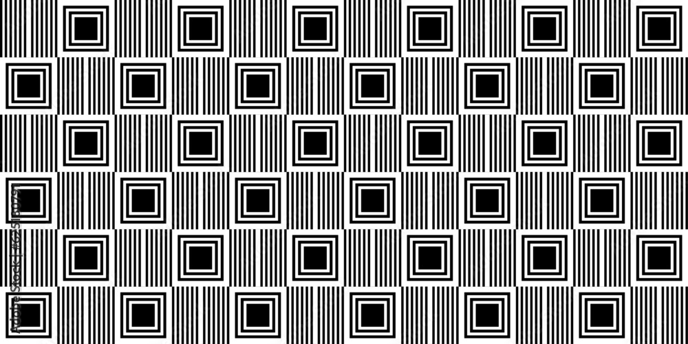 Poster Black and white pattern of vertical lines and black squares. Alternating and repeating pattern.