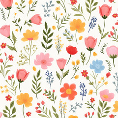 Cute floral flowers on white background seamless pattern with generative AI technology