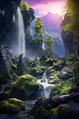 Fototapeta na wymiar a waterfall cascading from a cliff in green 