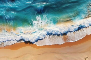 Panoramic view of the sandy beach. The sea wave rolls on the shore. Photo of crashing waves. Generation AI - obrazy, fototapety, plakaty