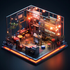 Great isometric 3D block of Bar Restaurant and Pub interior in vintage style with warm light