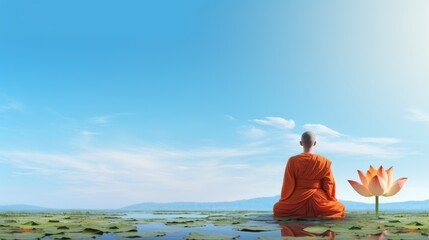 Monk Meditating on His Back on the Giant Lotus Lily