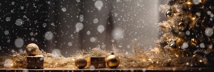 Christmas background template mock up golden decorate shiny balls and a bow on a present gift against an old wood background and defocused lights bokeh celebrate festive ideas,ai generate