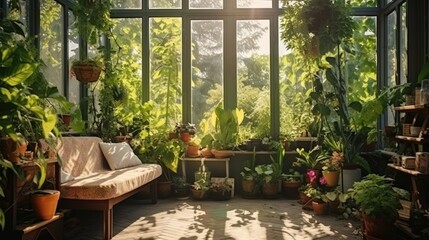 Fototapeta na wymiar Urban Jungle: Green House Garden with Cozy Couch