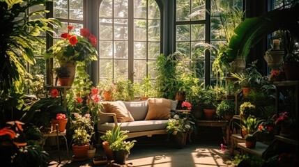 Fototapeta na wymiar Urban Jungle: Green House Garden with Cozy Couch
