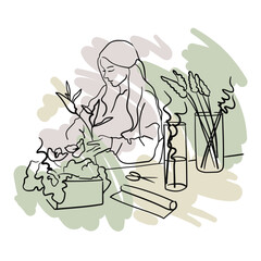 Professional florist working on table. Girl florist with flowers in line-art style with colour shape on a white background. Creation of bouquets. Flora shop. Vector outline illustration