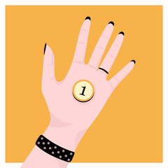 A coin in the palm of hand. Money in a woman's hand isolated, vector illustration