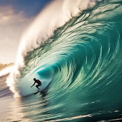 Surfer on ocean wave at sunset. Extreme adventure sport. Generative AI