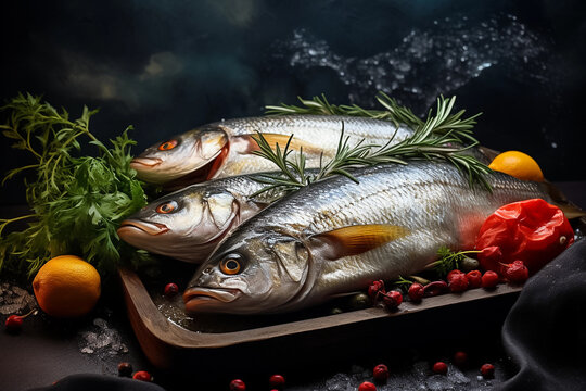 Fresh fish with herbs and spices on a dark background. Illustration of healthy food concept. Close-up photo of seafood. Generative AI