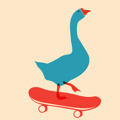 Goose on a skateboard. Design for print, sticker, party decoration, logo, emblem, magazine prints or journal article, t-shirt design, poster. Vector illustration with Riso print effect