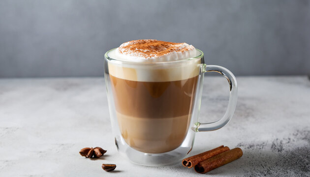 Side view of delicious cappuccino coffee with milk foam sprinkled with cinnamon in a transparent glass mug on a gray background, horizontal format