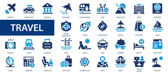 Travel flat icons set. Summer vacations symbols. Traveling, vacation, relax and tourism signs collection. - obrazy, fototapety, plakaty
