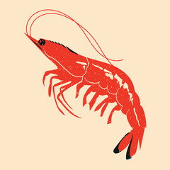 Shrimp. Design for print, sticker, party decoration, logo, emblem, magazine prints or journal article, t-shirt design, poster. Vector illustration with Riso print effect