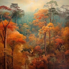 The painting showcases a forest's aerial view and atmosphere. (Generative AI)