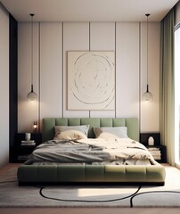 Modern chic interior design bedroom. Sleek design and comfortable bed with perfect fittings. Bright and cozy modern bedroom with dressing room
