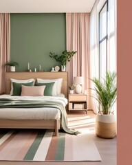 Modern chic interior design bedroom. Sleek design and comfortable bed with perfect fittings. Bright and cozy modern bedroom with dressing room