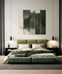 Modern chic interior design bedroom. Sleek design and comfortable bed with perfect fittings. Bright...