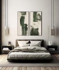 Fototapeta na wymiar Modern chic interior design bedroom. Sleek design and comfortable bed with perfect fittings. Bright and cozy modern bedroom with dressing room