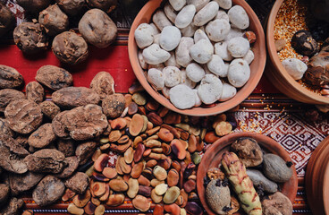 Potato, sweet potato and dried tubers with ancestral Andean techniques. Close up, Grains such as...