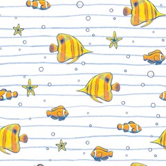 Yellow butterflyfish orange clownfish starfish swim ocean with bubbles Funny childish summer seamless pattern - obrazy, fototapety, plakaty