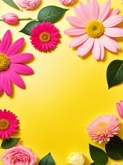 Flowers composition. Frame made of colorful flowers on yellow background. Flat lay, top view, copy space Generative AI