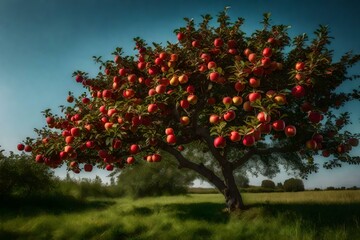 Fototapeta na wymiar A lush apple tree with vibrant red apples hanging from its branches - AI Generative
