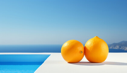 Vibrant Mediterranean Summer Background - Two Oranges at a Swimmingpool at the Ocean