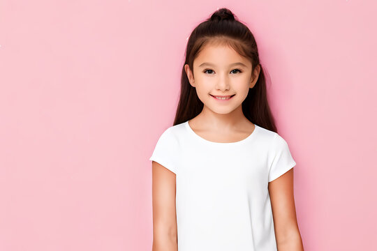 Portrait of a happy little asian girl with pink background ai generative image