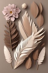 Paper of beige feathers, flowers and leaves on brown background Generative AI