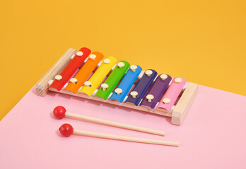 Colorful bright xylophone on the table. Toys for kids.