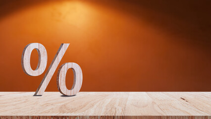 Close-up of percent sign leaning on wooden table, Percentage Sign And Discount Rate. Accountant VAT Tax Concept.