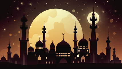 Islamic background with arabic pattern, mosque silhouette against the background of the full moon. Template for design. Generated by AI