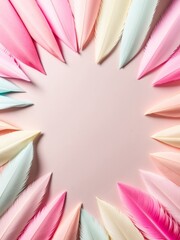 Creative layout made of colorful feathers on pastel pink background. Flat lay, top view, copy space. Generative AI