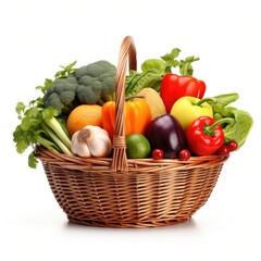 Assorted organic vegetables and fruits in wicker basket. Generative AI.