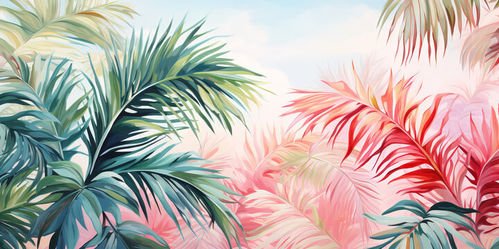 Fototapeta Lush tropical plants and graceful palm trees background photo wallpaper pattern. Soothing palette of delicate pastel hues painted in watercolour. Generative AI illustration