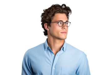 Thoughtful Young Man in Blue Shirt and Glasses - Full-Length Portrait on Transparent Background PNG File for Modern Lifestyle Designs - Generative AI