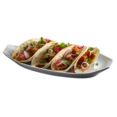 tacos, beautiful on a serving plate, delicious and warm, transparent background